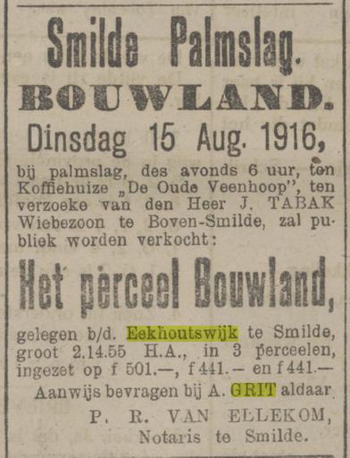 Palmslag Bouwland: Provinciaalse Drentsche en Asser courant 12 augustus 1916